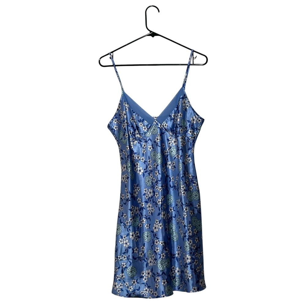 Adonna Floral Satin Mini Slip Nightgown V-Neck Mesh Trim  Women's Size Medium
